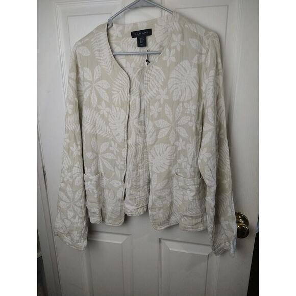 Tahari Linen Blend White Brown Open Long Sleeve Leaf Print Pocket Blazer Size L - Picture 1 of 9